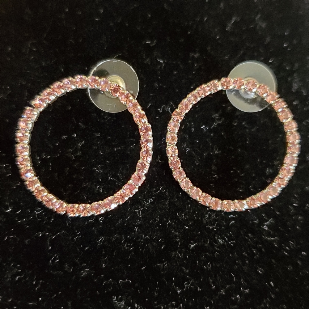 Vintage 1990s silvertone pink rhinestone circles earrings